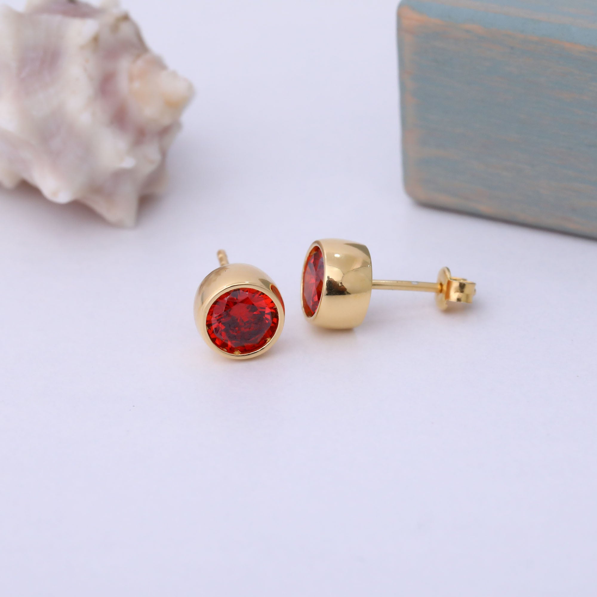 Round Garnet Bezel Stud Earrings in 14K Solid Gold | January Birthstone Queen Jewelry Earrings