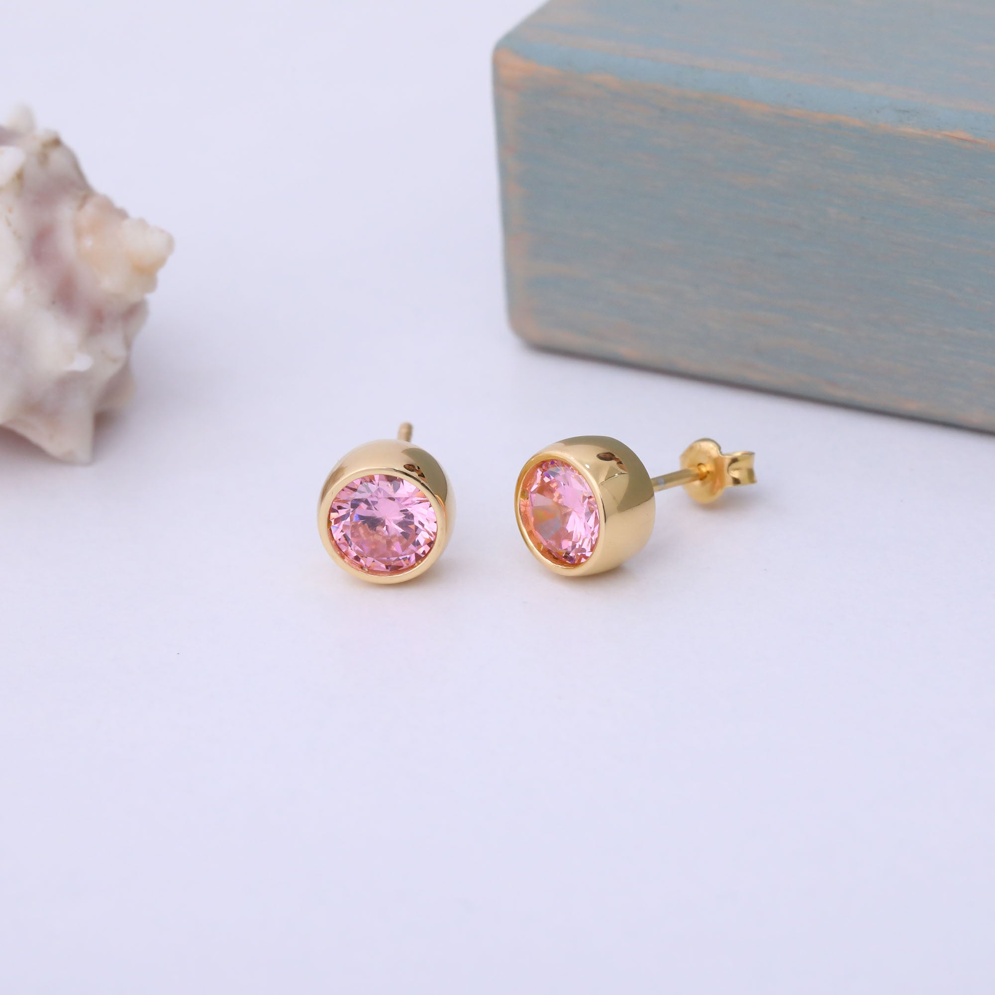 Round Pink Tourmaline Bezel Stud Earrings in 14K Solid Gold | October Birthstone Queen Jewelry Earrings