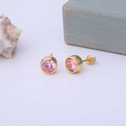 Round Pink Tourmaline Bezel Stud Earrings in 14K Solid Gold | October Birthstone Queen Jewelry Earrings