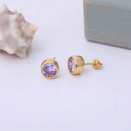 Round Alexandrite Bezel Stud Earrings in 14K Solid Gold | June Birthstone Queen Jewelry Earrings