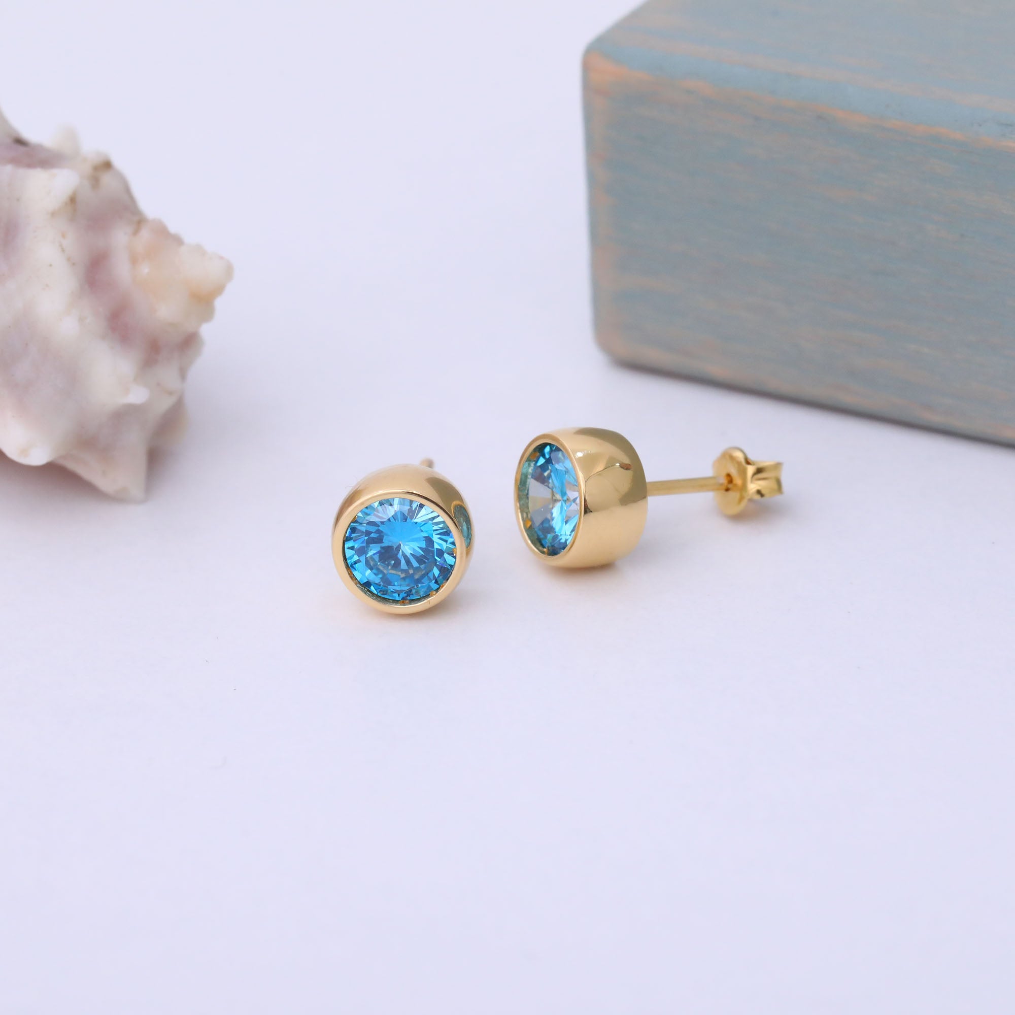 Round Blue Topaz Bezel Stud Earrings in 14K Solid Gold | December Birthstone Queen Jewelry Earrings