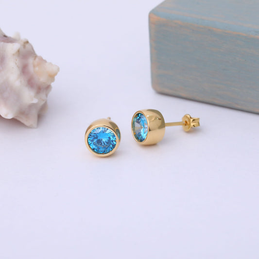 Round Blue Topaz Bezel Stud Earrings in 14K Solid Gold | December Birthstone Queen Jewelry Earrings