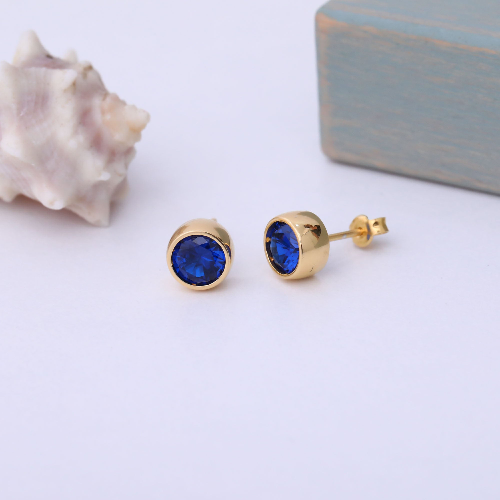 Round Sapphire Bezel Stud Earrings in 14K Solid Gold | September Birthstone Queen Jewelry Earrings