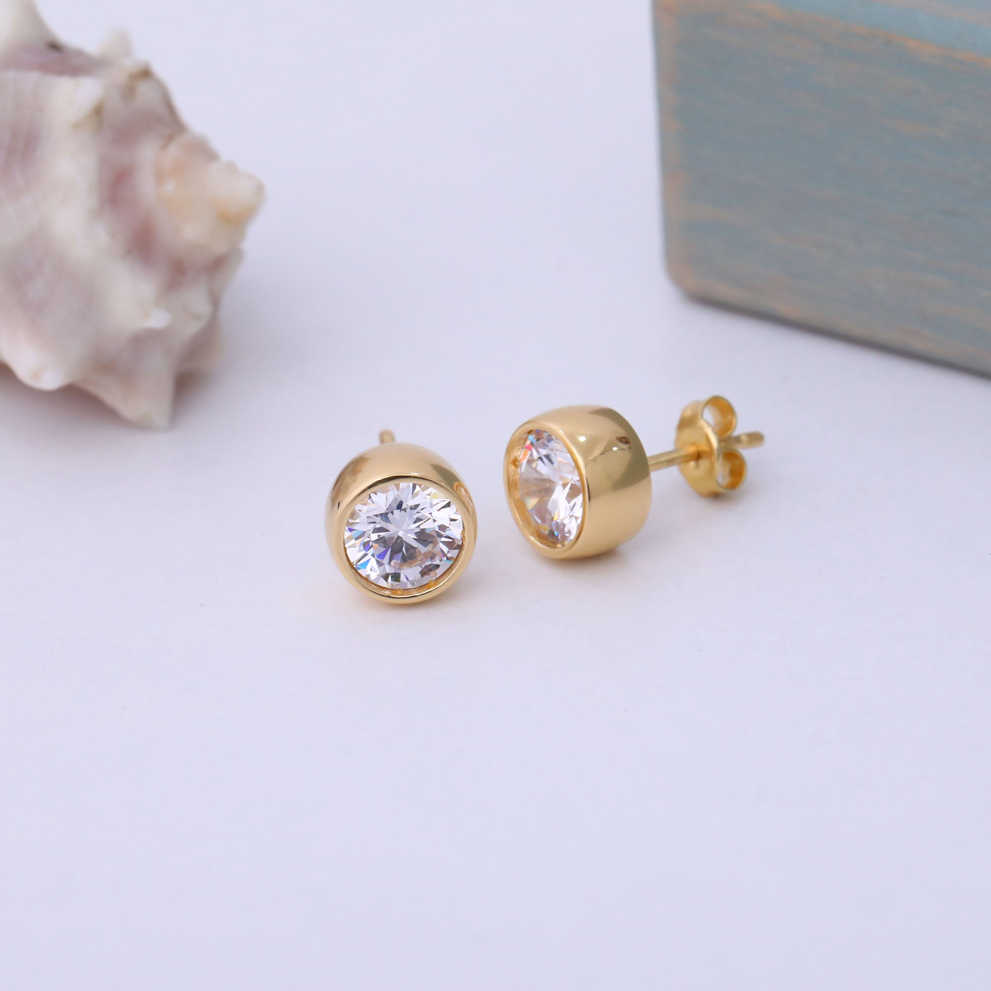Round White Topaz Bezel Stud Earrings in 14K Solid Gold | April Birthstone Queen Jewelry Earrings