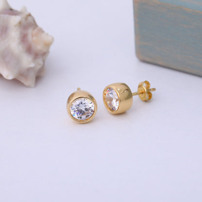 Round White Topaz Bezel Stud Earrings in 14K Solid Gold | April Birthstone Queen Jewelry Earrings