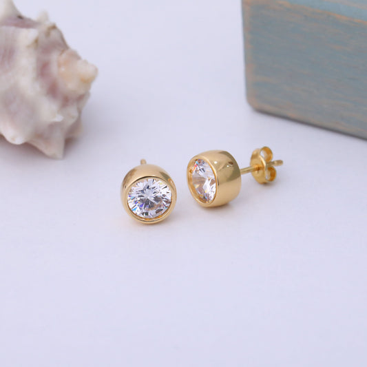 Round White Topaz Bezel Stud Earrings in 14K Solid Gold | April Birthstone Queen Jewelry Earrings