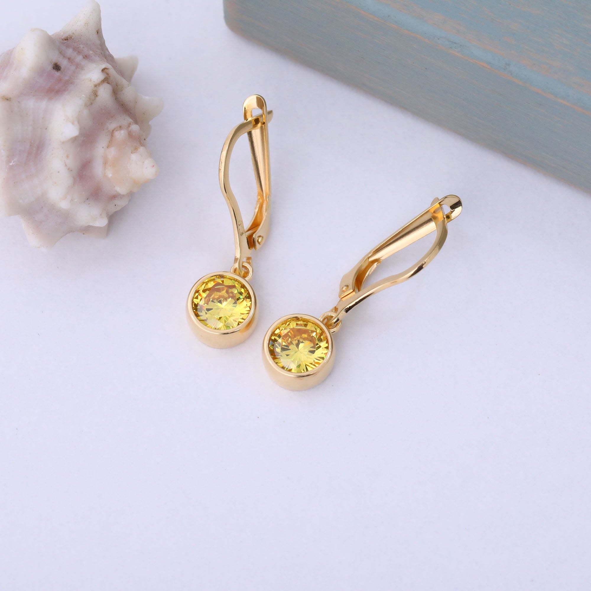Round Yellow Topaz Bezel Dangle Earrings in 14K Solid Gold | Birthstone Jewelry Queen Jewelry Earrings