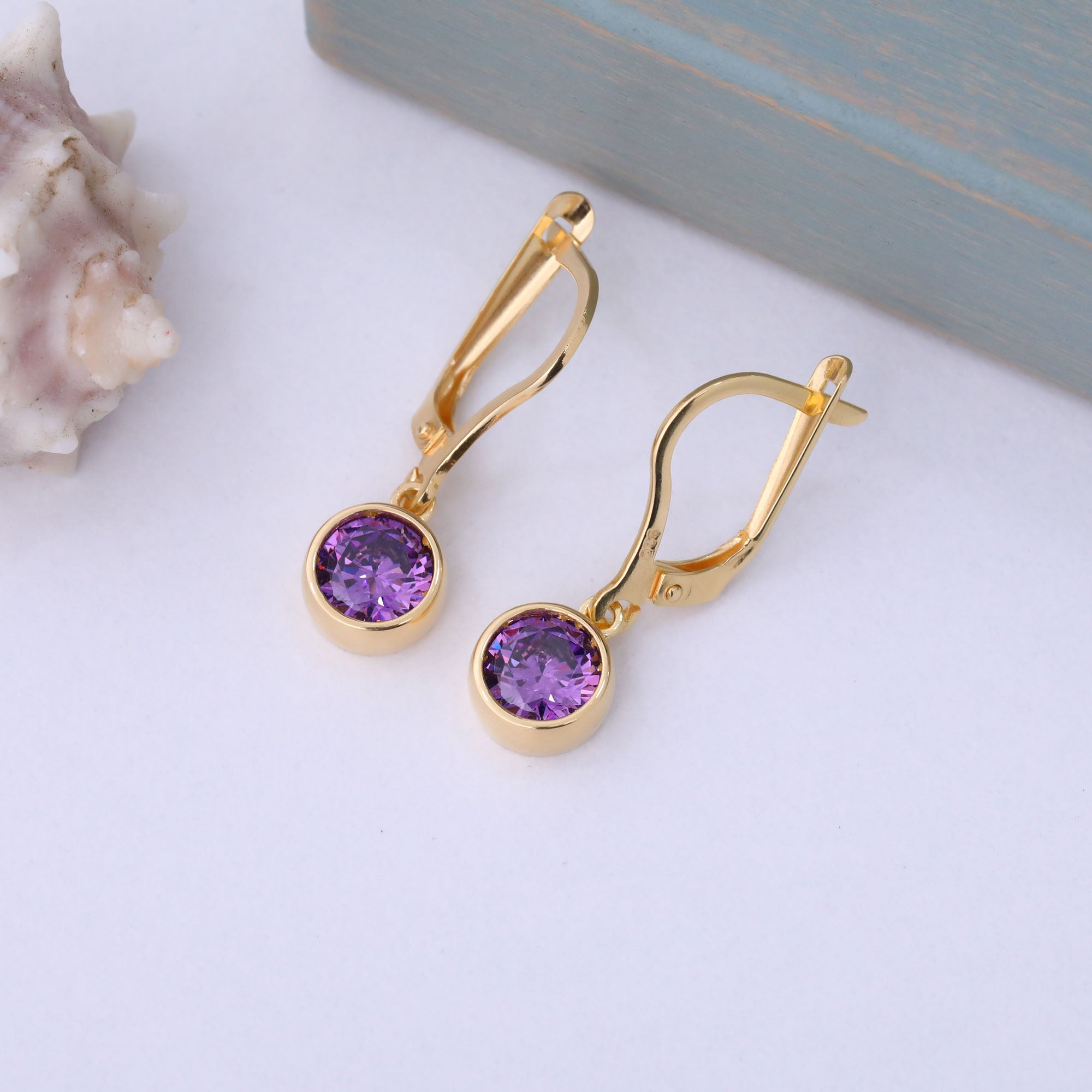 Round Amethyst Bezel Dangle Earrings in 14K Solid Gold | February Birthstone Queen Jewelry Earrings
