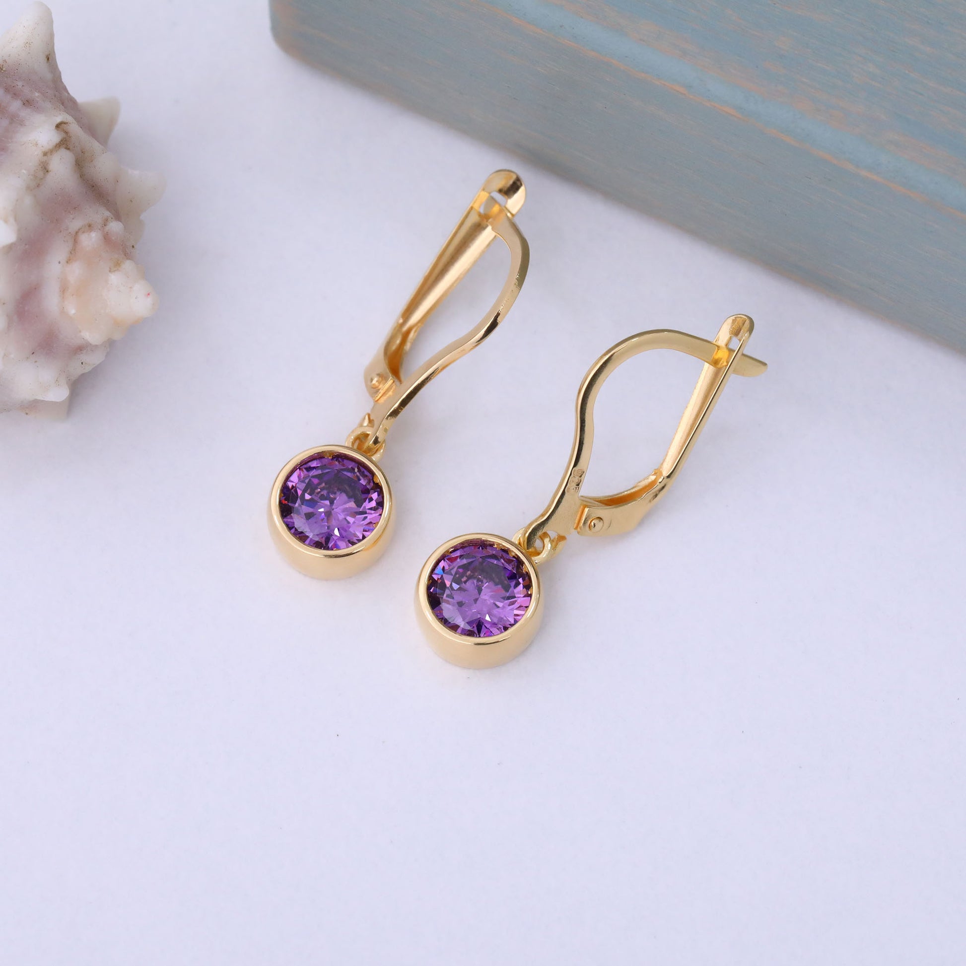 Round Amethyst Bezel Dangle Earrings in 14K Solid Gold | February Birthstone Queen Jewelry Earrings