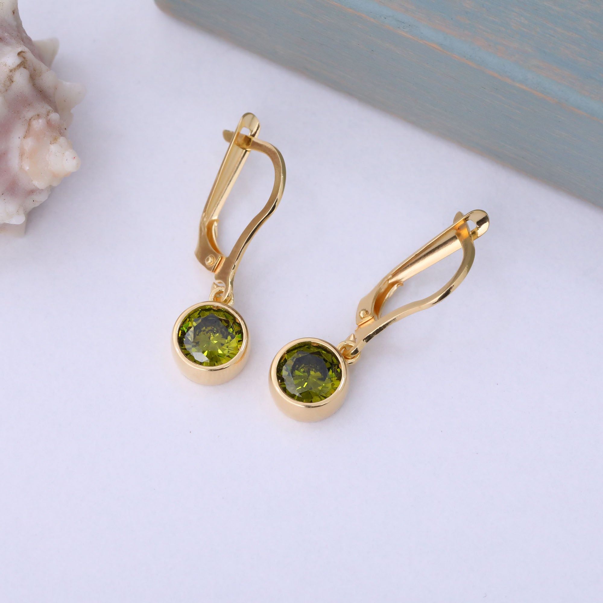 Round Peridot Bezel Dangle Earrings in 14K Solid Gold | August Birthstone Queen Jewelry Earrings
