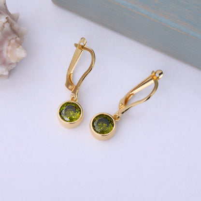Round Peridot Bezel Dangle Earrings in 14K Solid Gold | August Birthstone Queen Jewelry Earrings