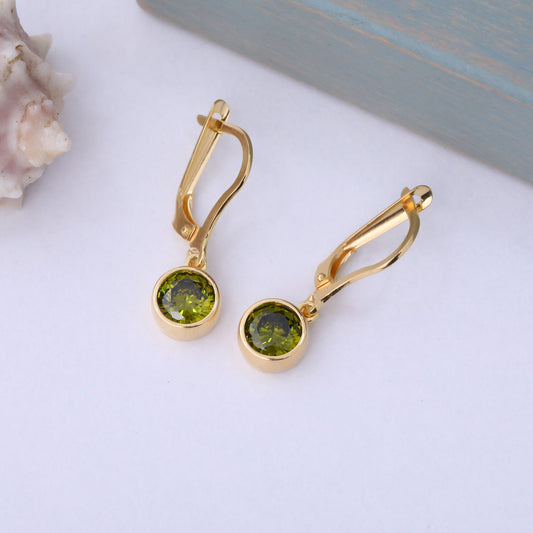 Round Peridot Bezel Dangle Earrings in 14K Solid Gold | August Birthstone Queen Jewelry Earrings
