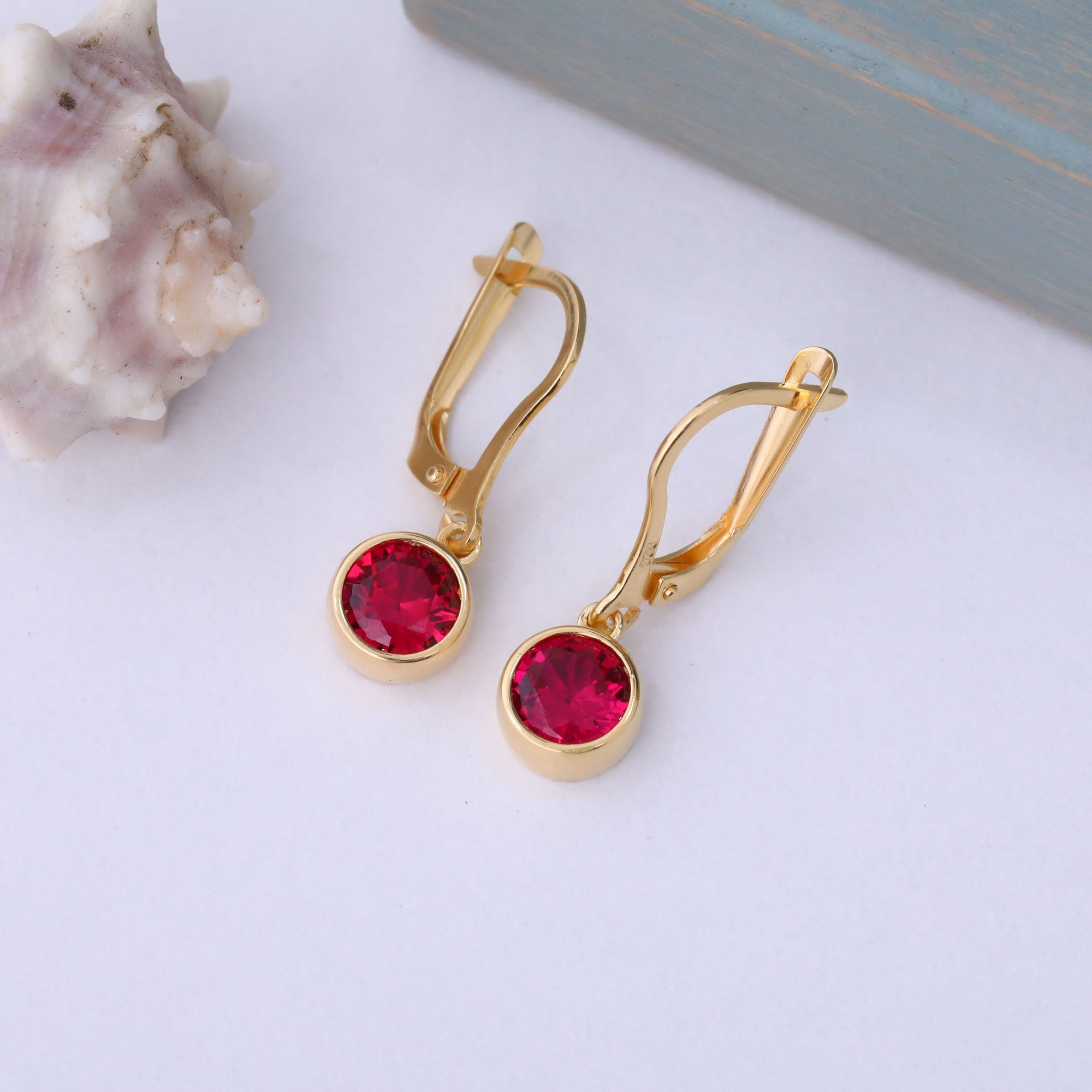 Round Ruby Bezel Dangle Earrings in 14K Solid Gold | July Birthstone Queen Jewelry Earrings