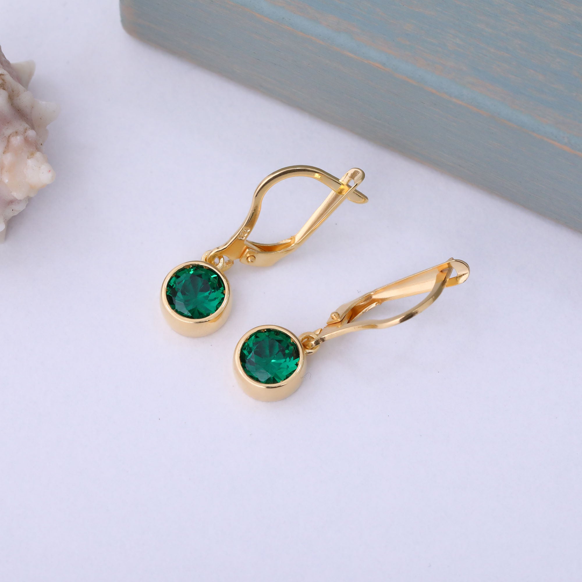 Round Emerald Bezel Dangle Earrings in 14K Solid Gold | May Birthstone Queen Jewelry Earrings