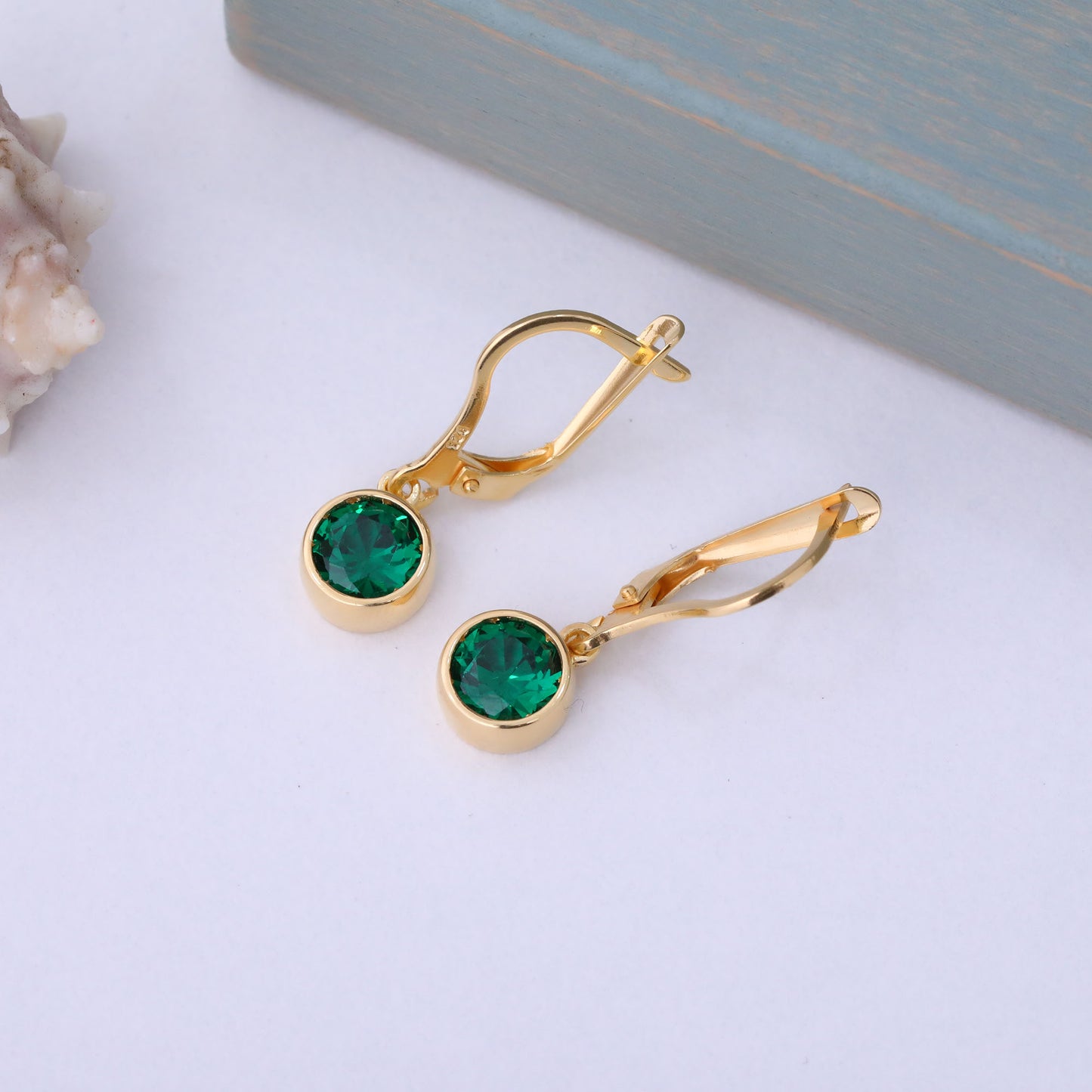 Round Emerald Bezel Dangle Earrings in 14K Solid Gold | May Birthstone Queen Jewelry Earrings