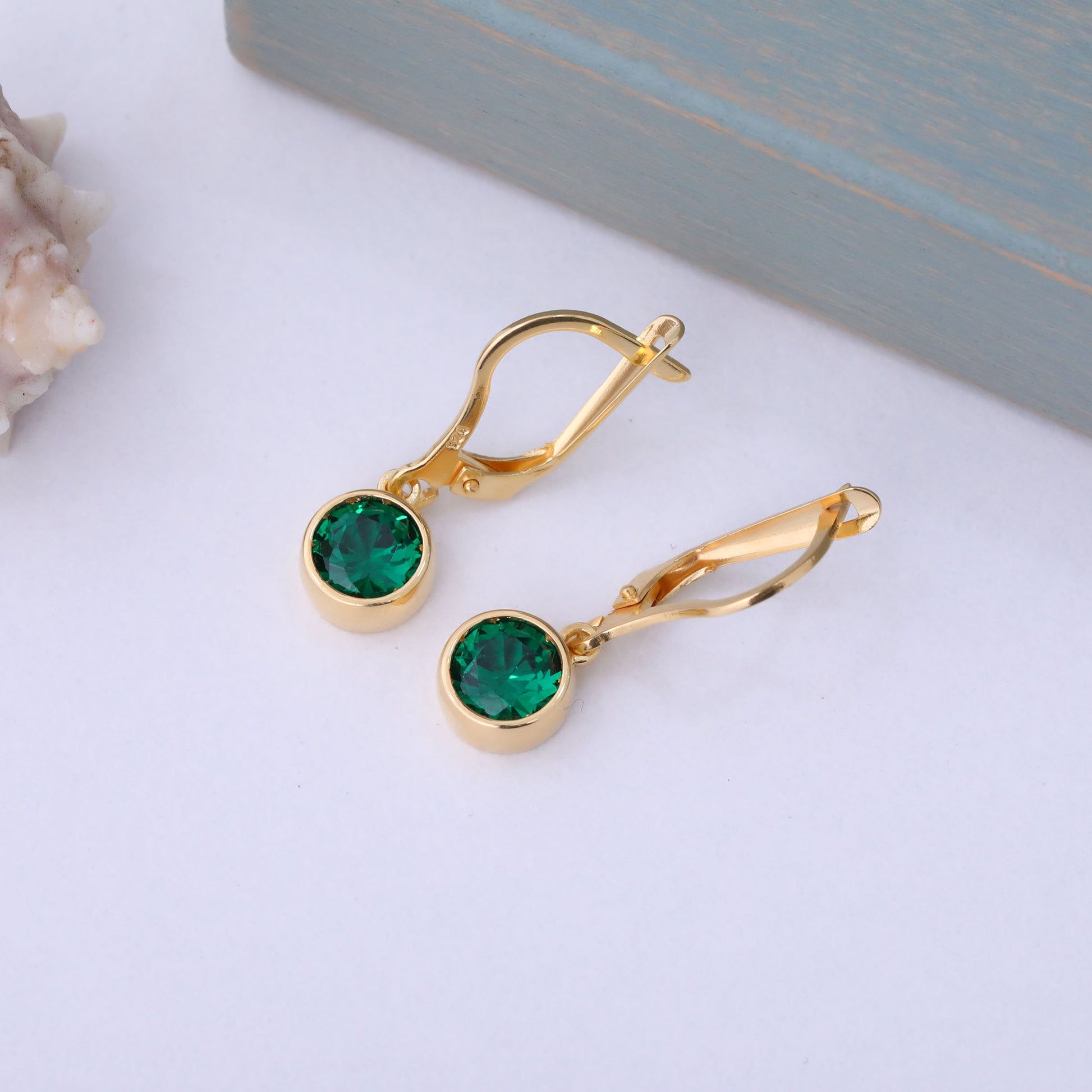 Round Emerald Bezel Dangle Earrings in 14K Solid Gold | May Birthstone Queen Jewelry Earrings