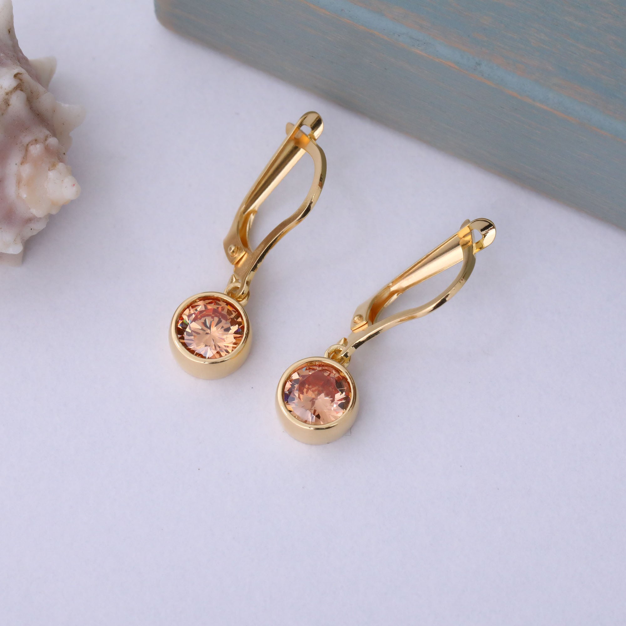 Round Citrine Bezel Dangle Earrings in 14K Solid Gold | November Birthstone Queen Jewelry Earrings