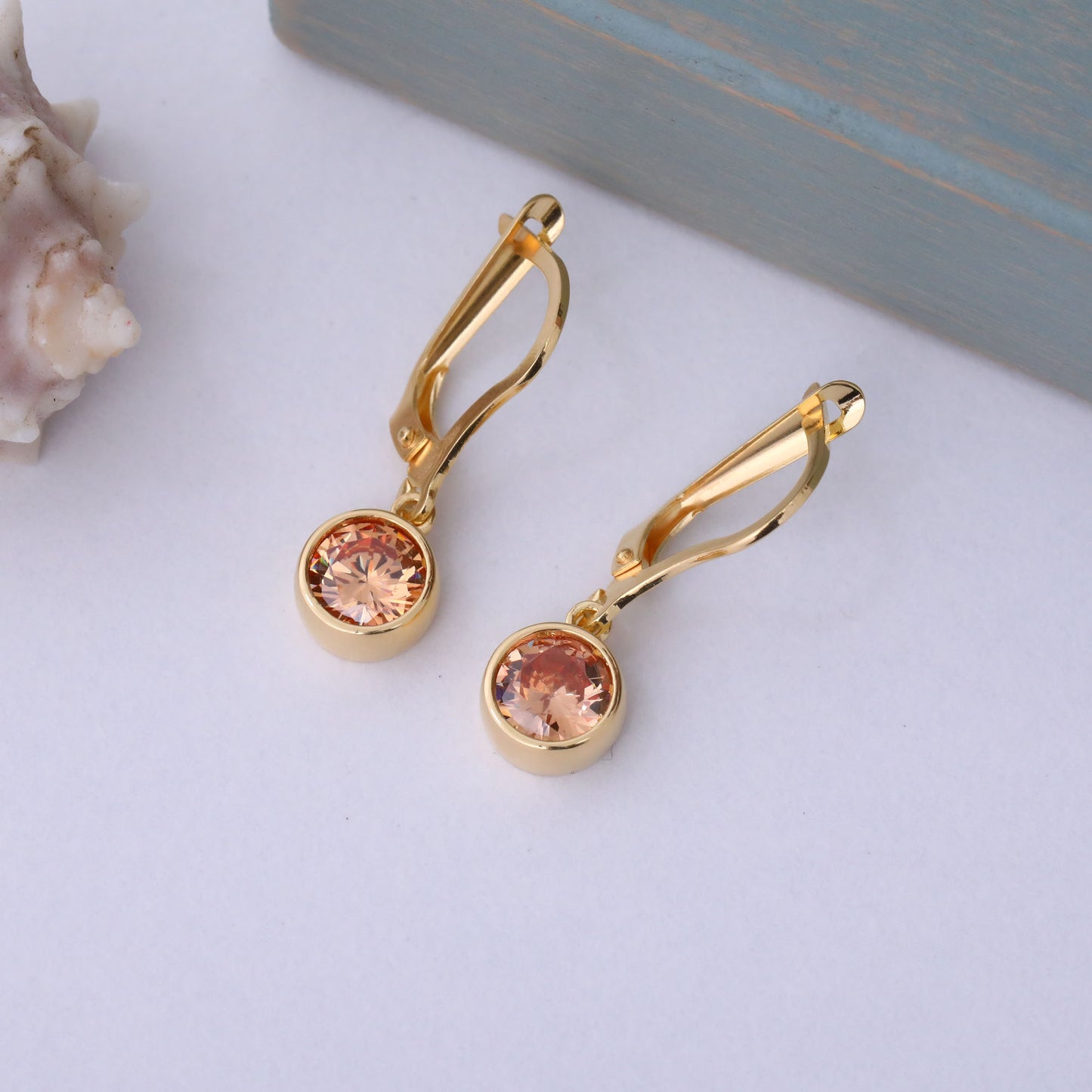 Round Citrine Bezel Dangle Earrings in 14K Solid Gold | November Birthstone Queen Jewelry Earrings