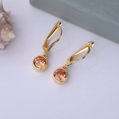 Round Citrine Bezel Dangle Earrings in 14K Solid Gold | November Birthstone Queen Jewelry Earrings