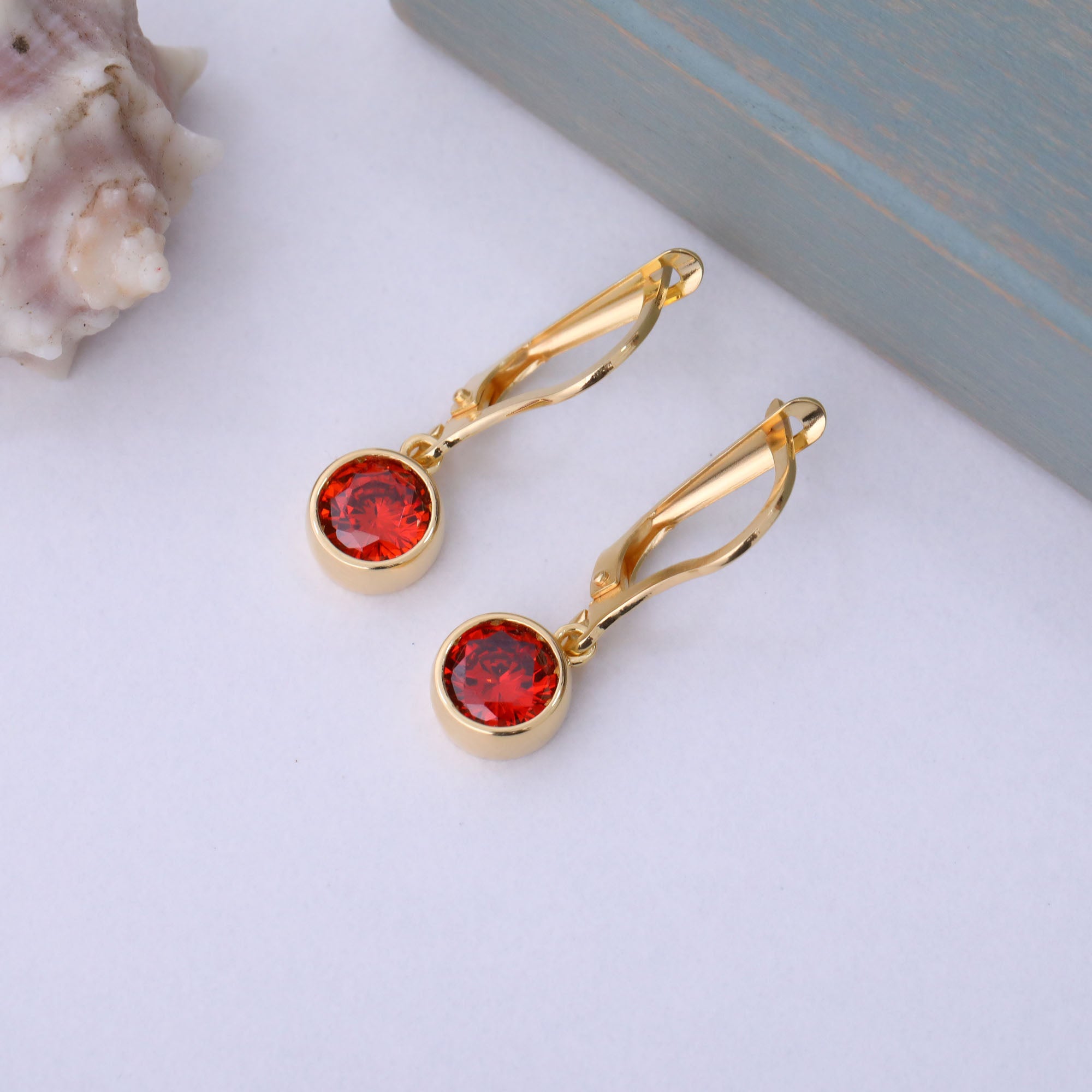 Round Garnet Bezel Dangle Earrings in 14K Solid Gold | January Birthstone Queen Jewelry Earrings