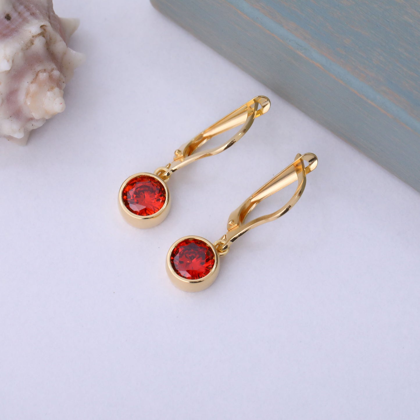 Round Garnet Bezel Dangle Earrings in 14K Solid Gold | January Birthstone Queen Jewelry Earrings