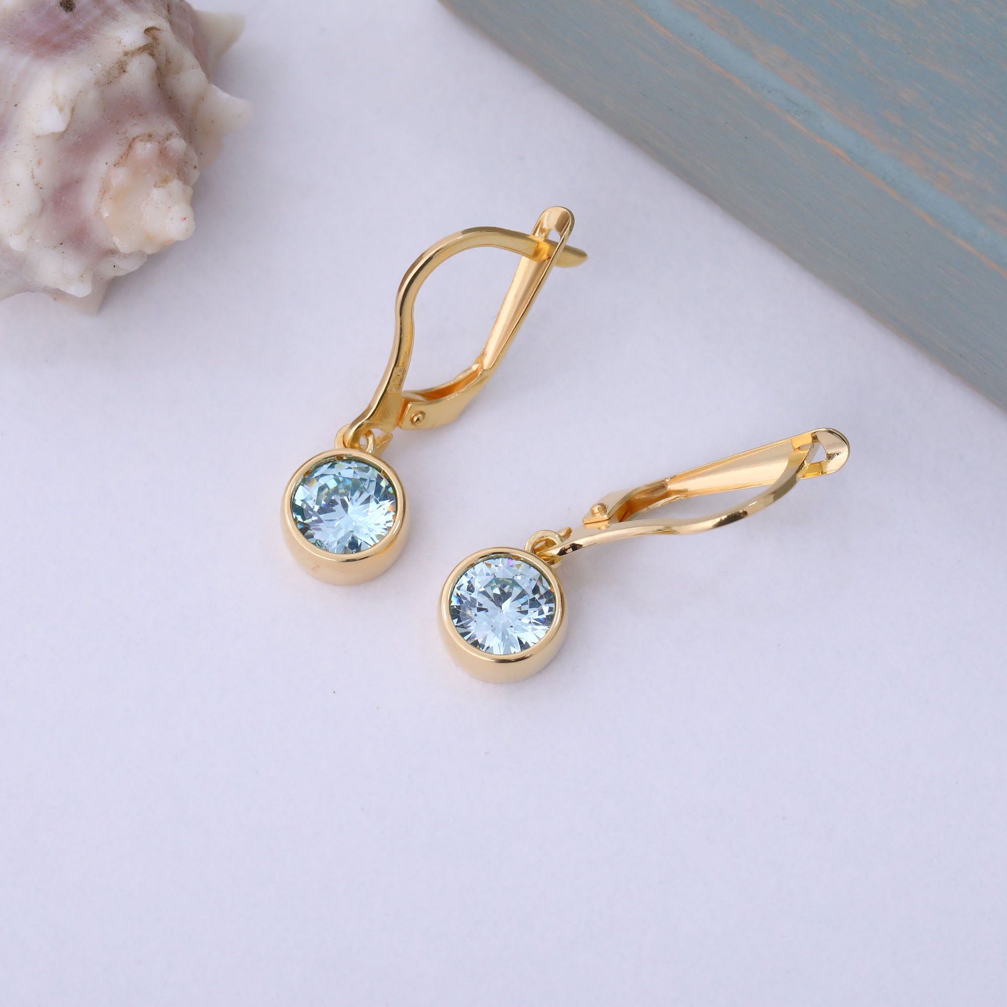 Round Aquamarine Bezel Dangle Earrings in 14K Solid Gold | March Birthstone Queen Jewelry Earrings