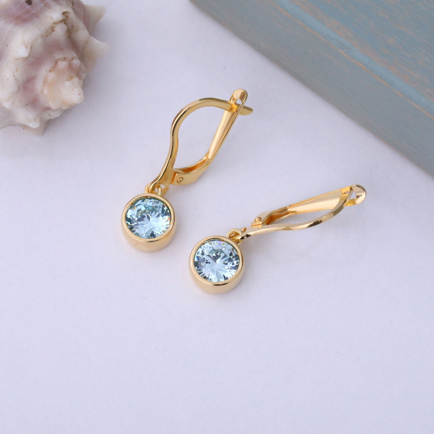 Round Aquamarine Bezel Dangle Earrings in 14K Solid Gold | March Birthstone Queen Jewelry Earrings