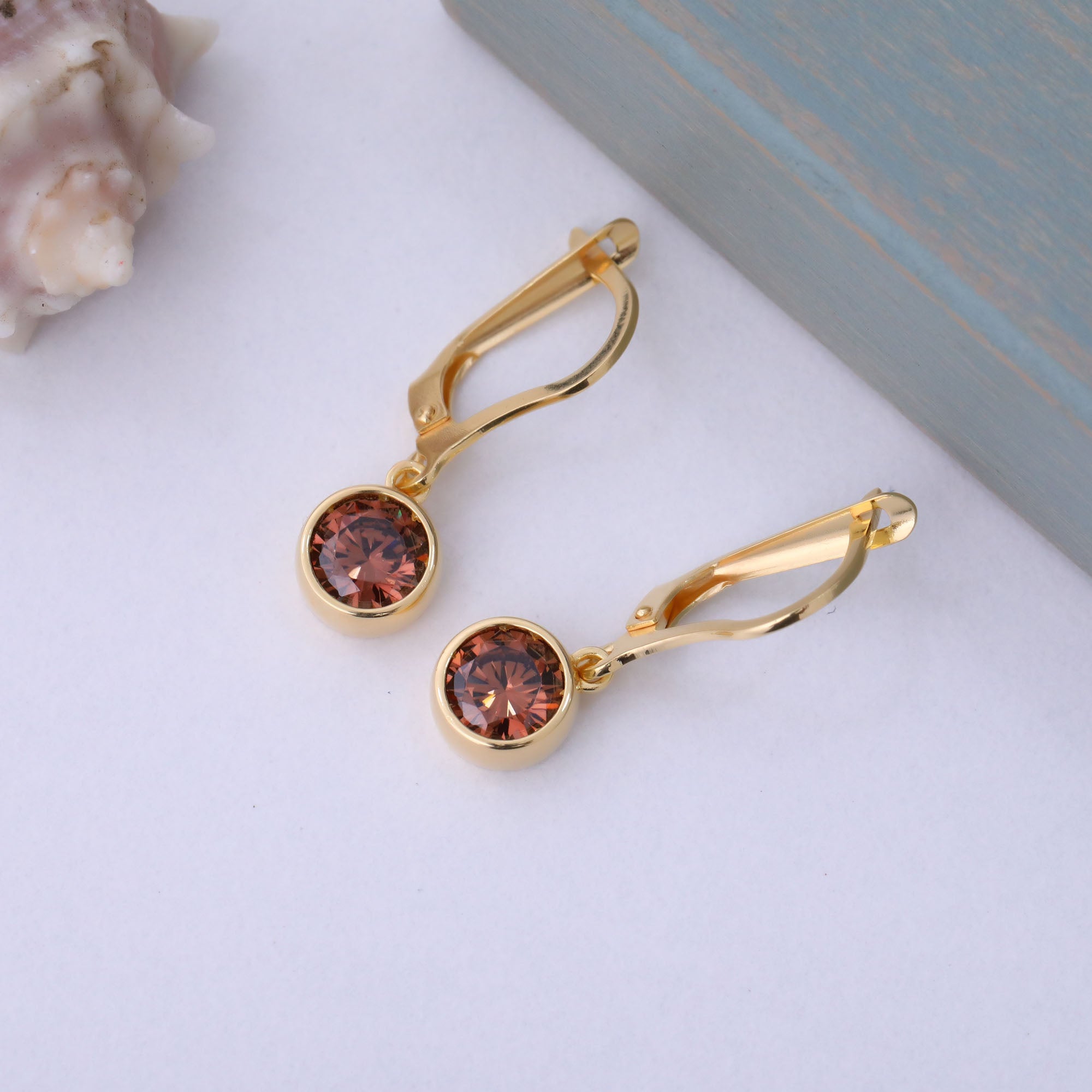 Round Smoky Quartz Bezel Dangle Earrings in 14K Solid Gold | Birthstone Jewelry Queen Jewelry Earrings