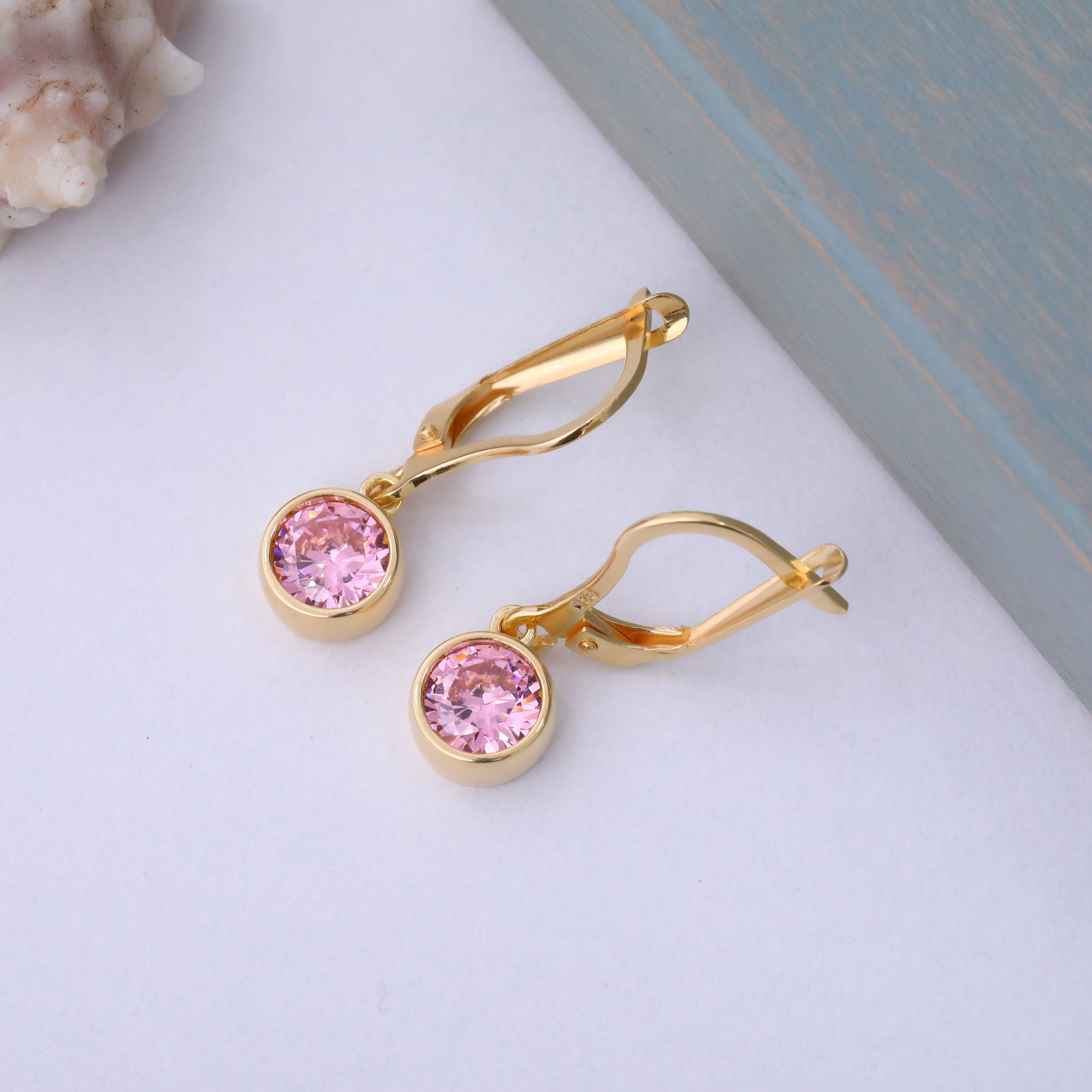 Round Pink Tourmaline Bezel Dangle Earrings in 14K Solid Gold | October Birthstone Queen Jewelry Earrings