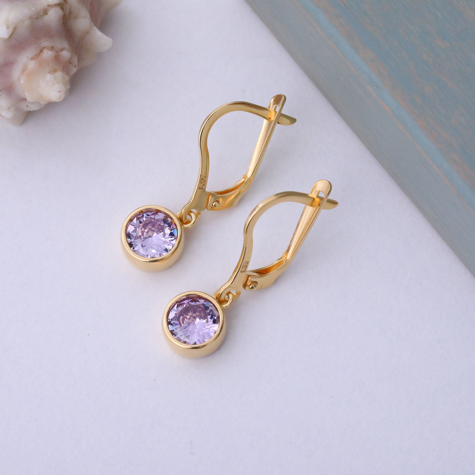 Round Alexandrite Bezel Dangle Earrings in 14K Solid Gold | June Birthstone Queen Jewelry Earrings