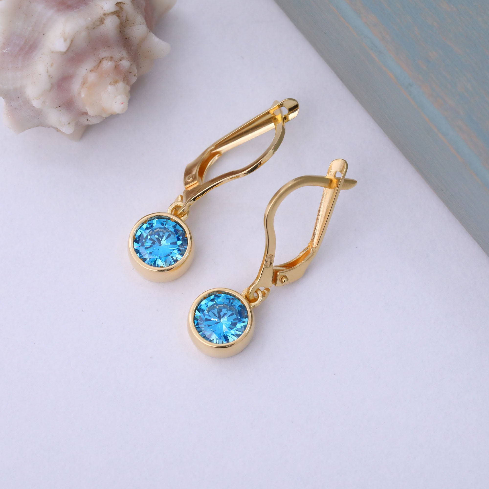 Round Blue Topaz Bezel Dangle Earrings in 14K Solid Gold | December Birthstone Queen Jewelry Earrings
