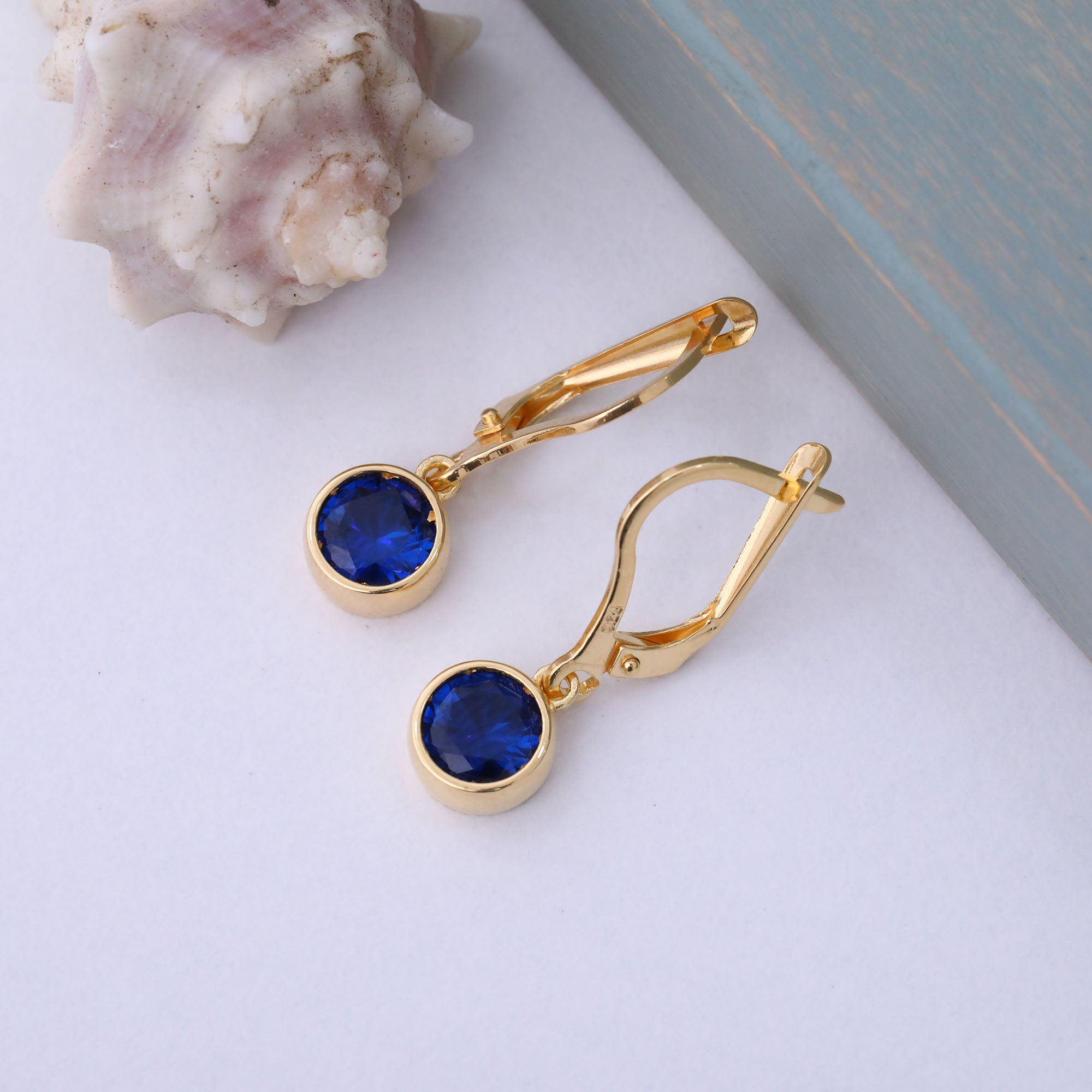 Round Sapphire Bezel Dangle Earrings in 14K Solid Gold | September Birthstone Queen Jewelry Earrings