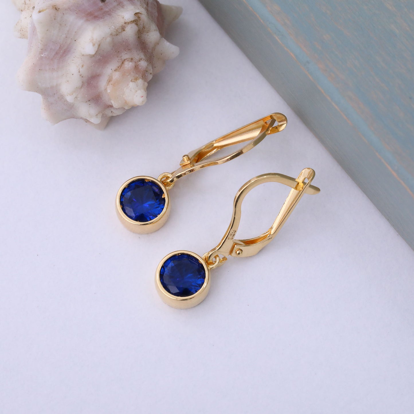 Round Sapphire Bezel Dangle Earrings in 14K Solid Gold | September Birthstone Queen Jewelry Earrings