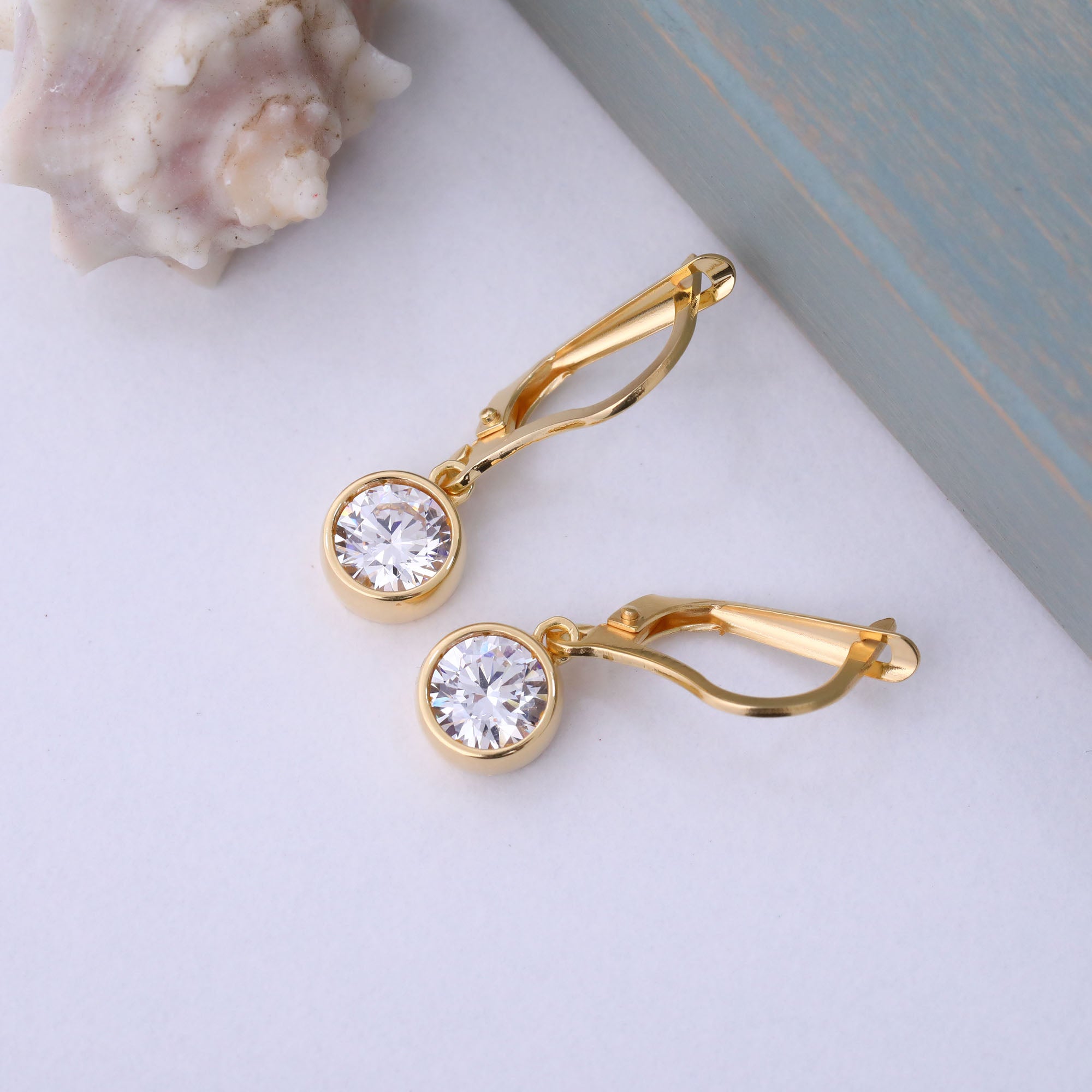 Round White Topaz Bezel Dangle Earrings in 14K Solid Gold | April Birthstone Queen Jewelry Earrings