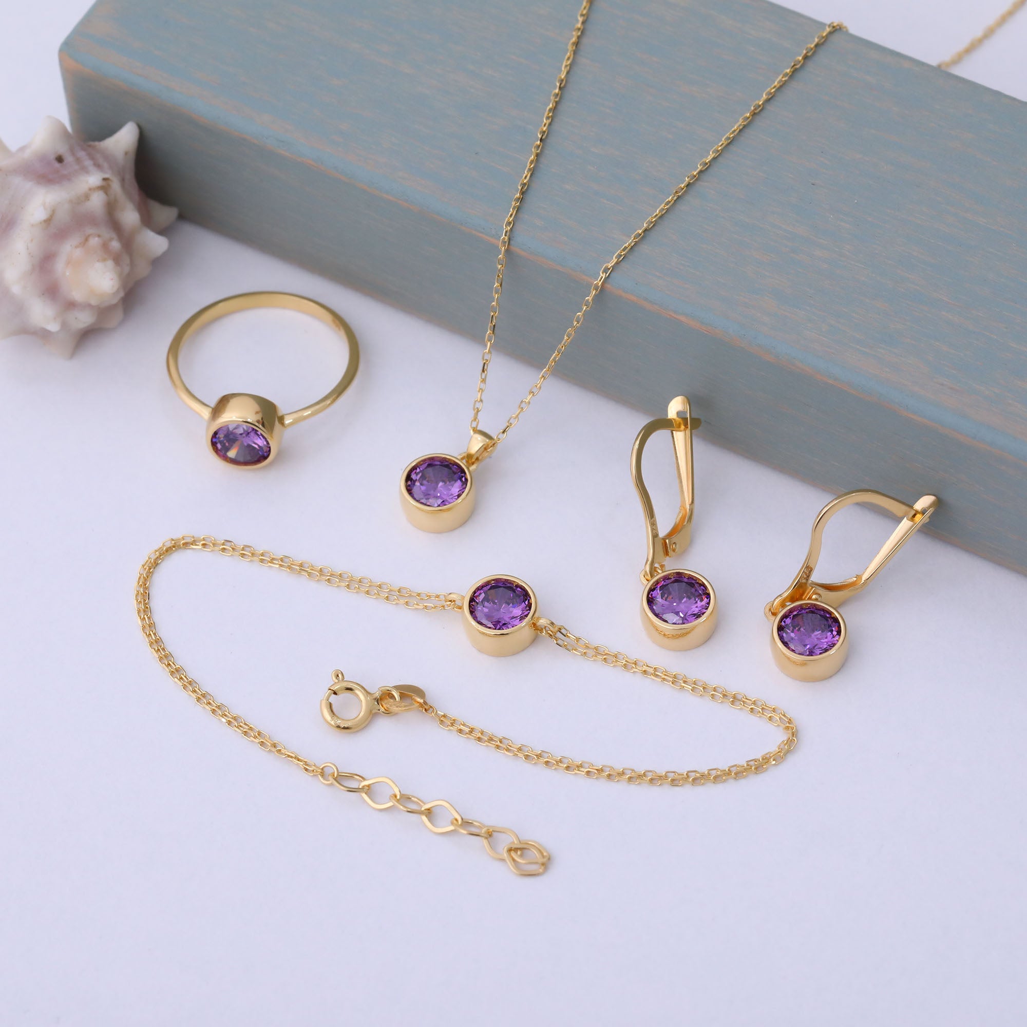 Round Amethyst Bezel Dangle Earrings in 14K Solid Gold | February Birthstone Queen Jewelry Earrings