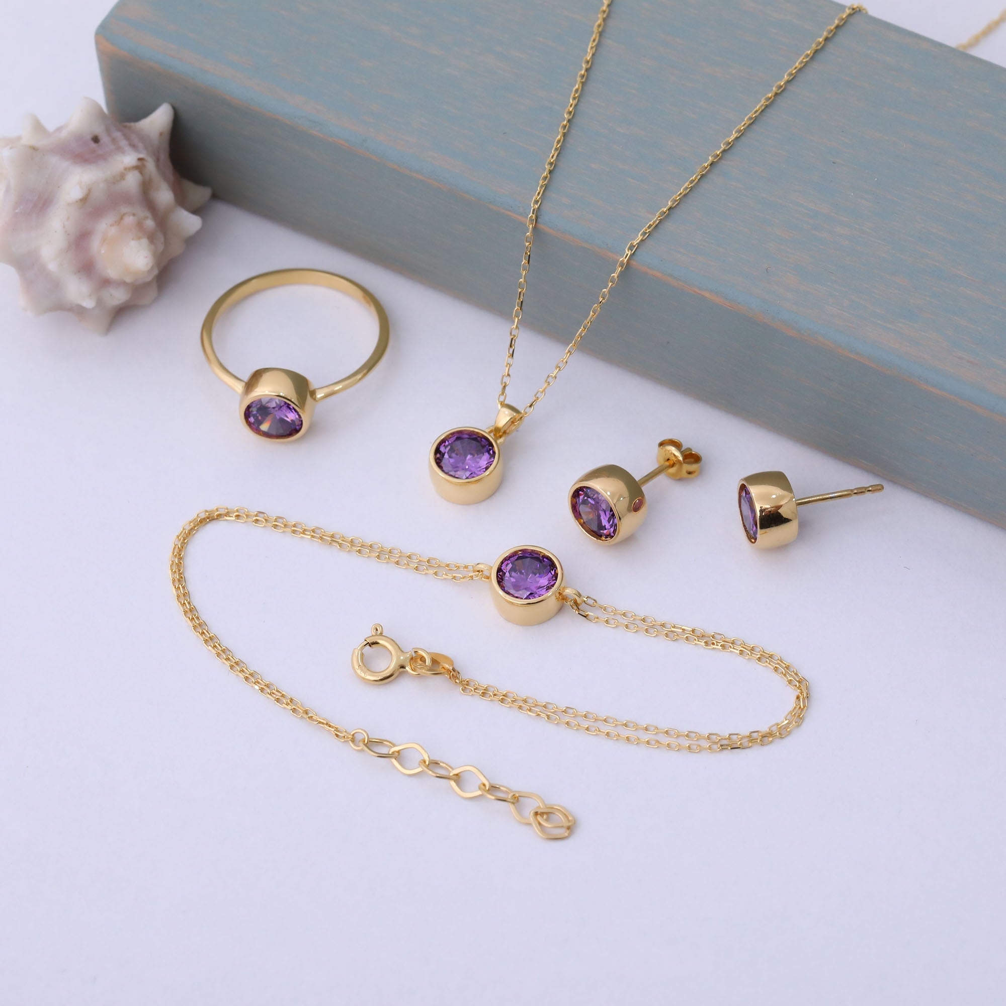 Round Amethyst Bezel Stud Earrings in 14K Solid Gold | February Birthstone Queen Jewelry Earrings