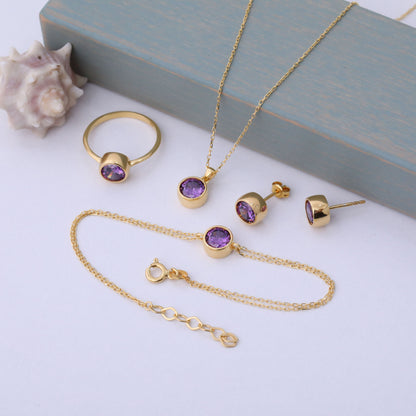 Round Amethyst Bezel Stud Earrings in 14K Solid Gold | February Birthstone Queen Jewelry Earrings