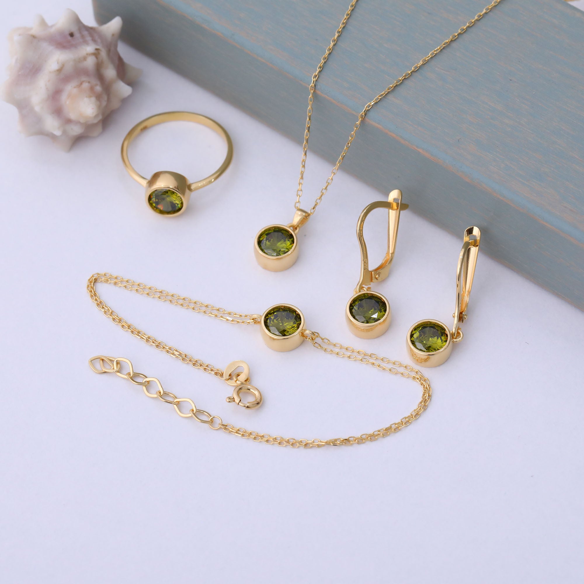 Round Peridot Bezel Dangle Earrings in 14K Solid Gold | August Birthstone Queen Jewelry Earrings