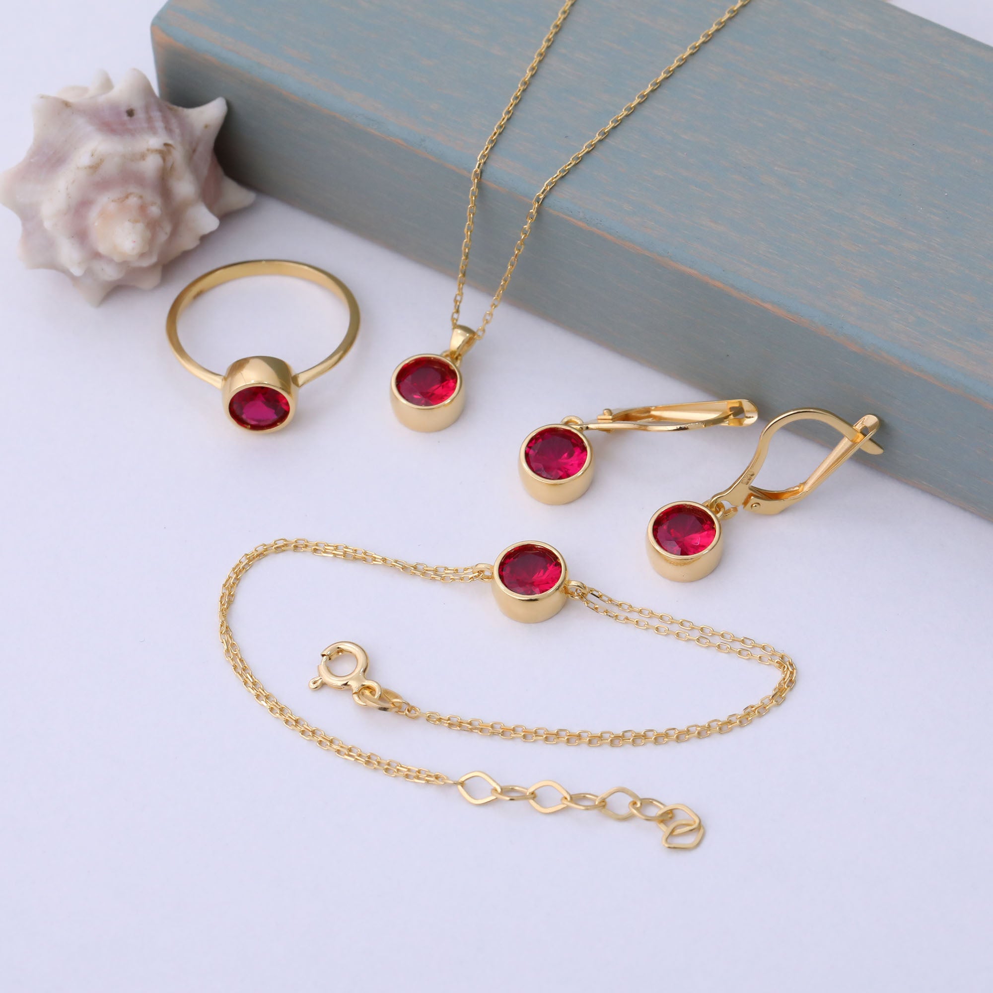 Round Ruby Bezel Dangle Earrings in 14K Solid Gold | July Birthstone Queen Jewelry Earrings