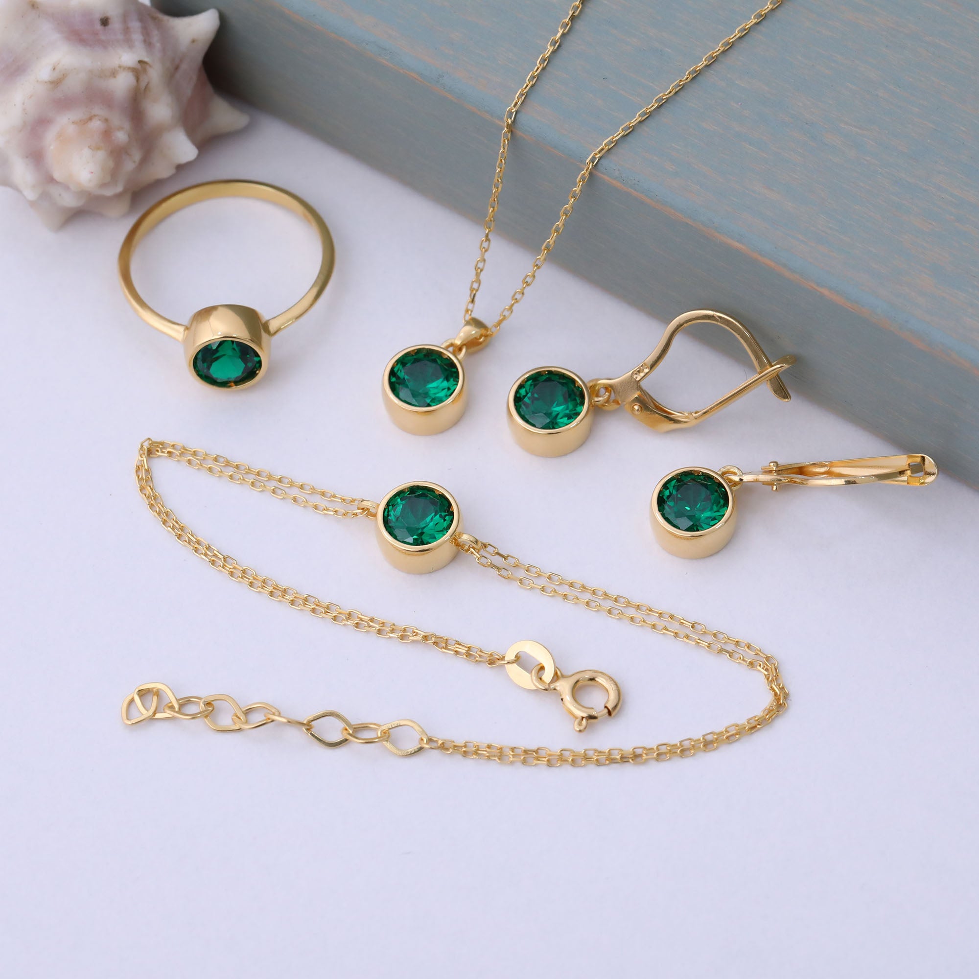 Round Emerald Bezel Dangle Earrings in 14K Solid Gold | May Birthstone Queen Jewelry Earrings