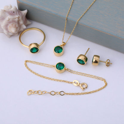 Round Emerald Bezel Stud Earrings in 14K Solid Gold | May Birthstone Queen Jewelry Earrings