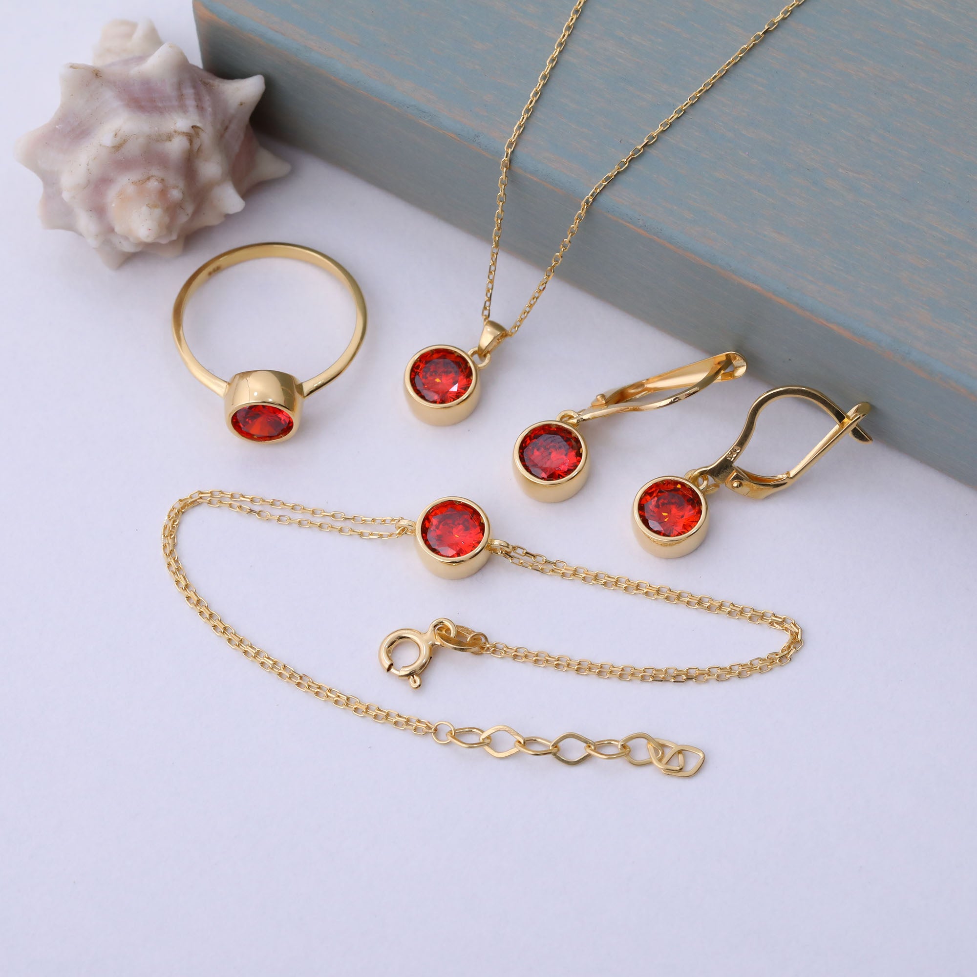 Round Garnet Bezel Dangle Earrings in 14K Solid Gold | January Birthstone Queen Jewelry Earrings