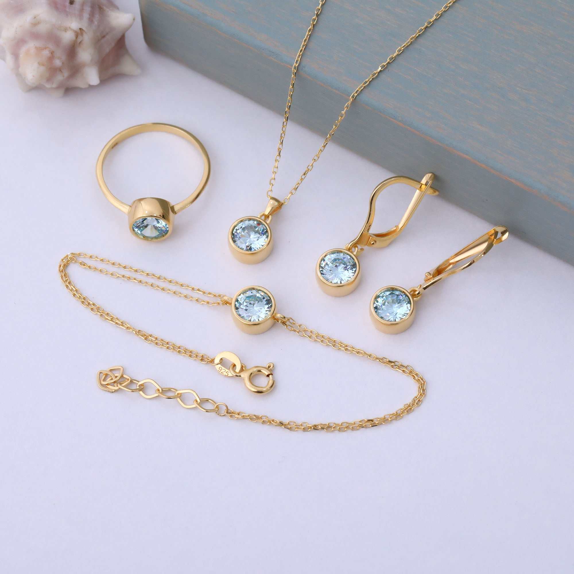 Round Aquamarine Bezel Dangle Earrings in 14K Solid Gold | March Birthstone Queen Jewelry Earrings