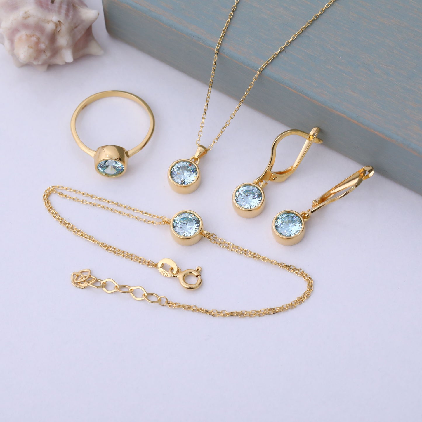 Round Aquamarine Bezel Dangle Earrings in 14K Solid Gold | March Birthstone Queen Jewelry Earrings