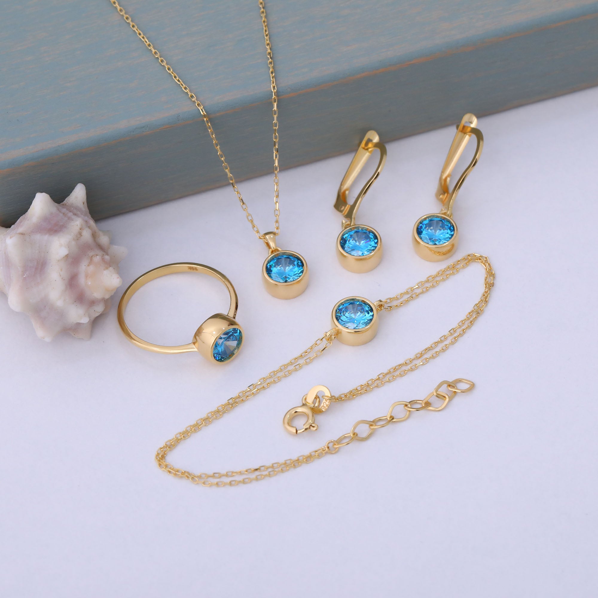 Round Blue Topaz Bezel Dangle Earrings in 14K Solid Gold | December Birthstone Queen Jewelry Earrings