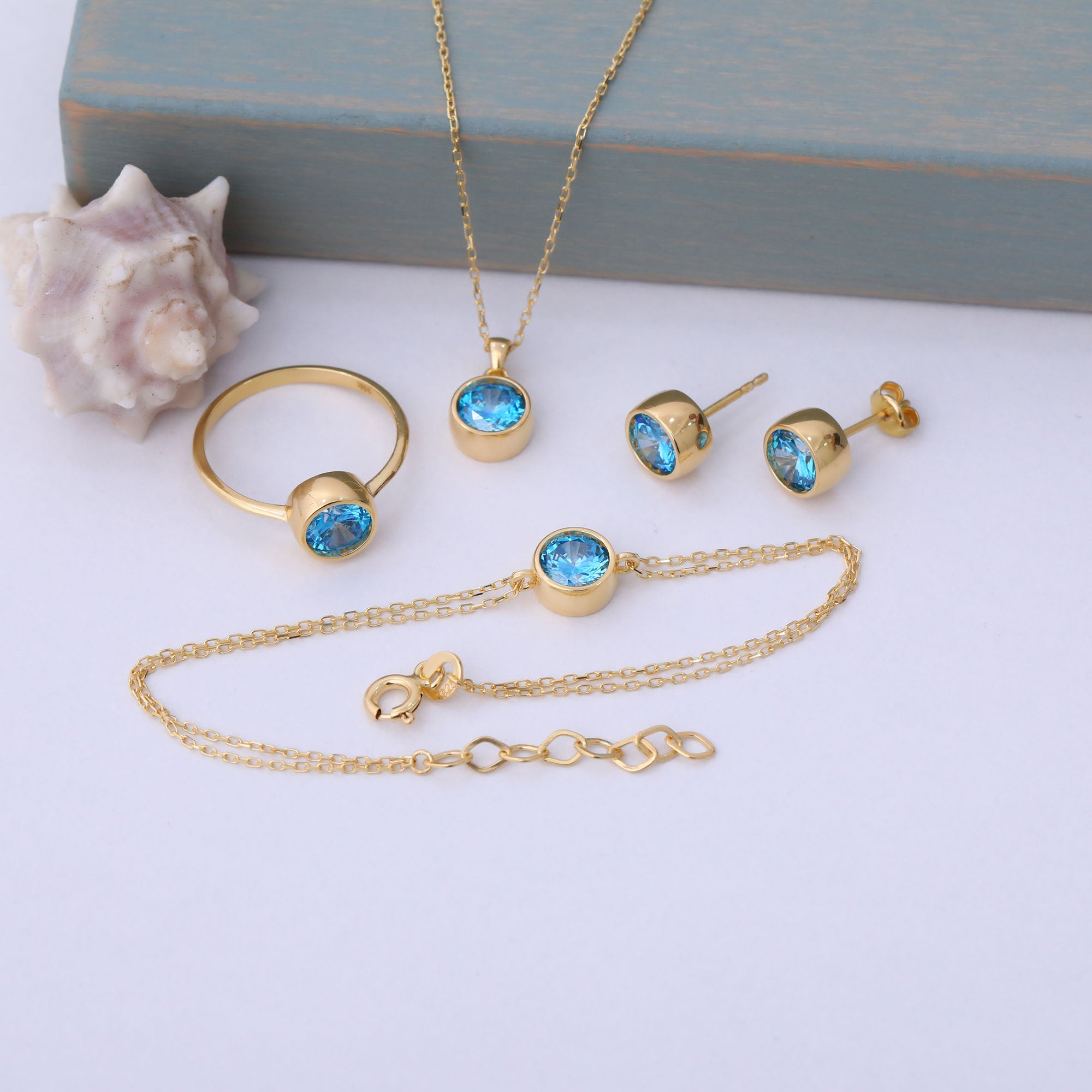Round Blue Topaz Bezel Stud Earrings in 14K Solid Gold | December Birthstone Queen Jewelry Earrings