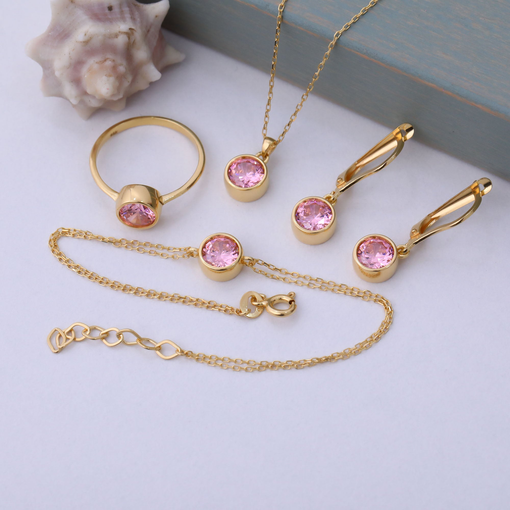 Round Pink Tourmaline Bezel Dangle Earrings in 14K Solid Gold | October Birthstone Queen Jewelry Earrings