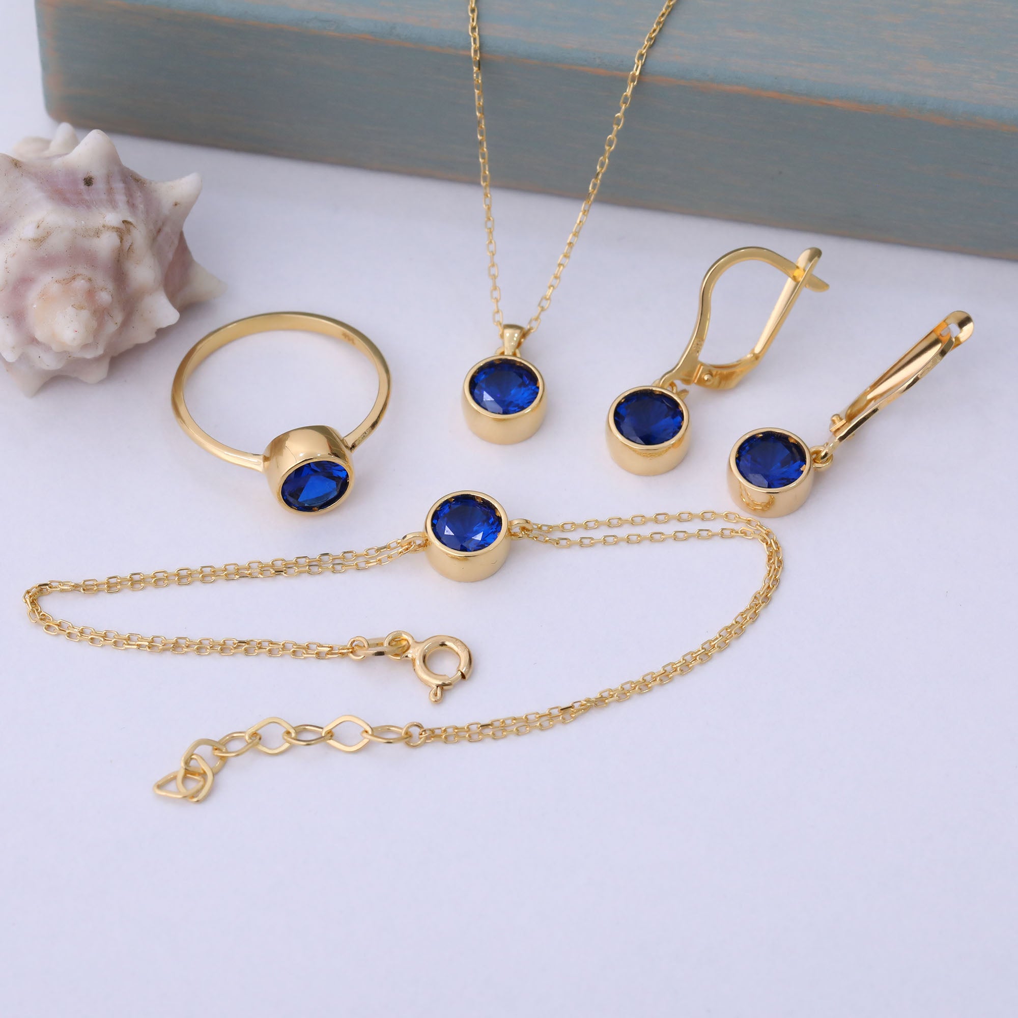 Round Sapphire Bezel Dangle Earrings in 14K Solid Gold | September Birthstone Queen Jewelry Earrings