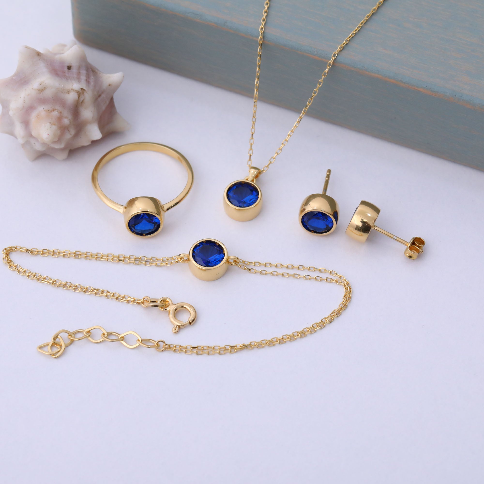 Round Sapphire Bezel Stud Earrings in 14K Solid Gold | September Birthstone Queen Jewelry Earrings