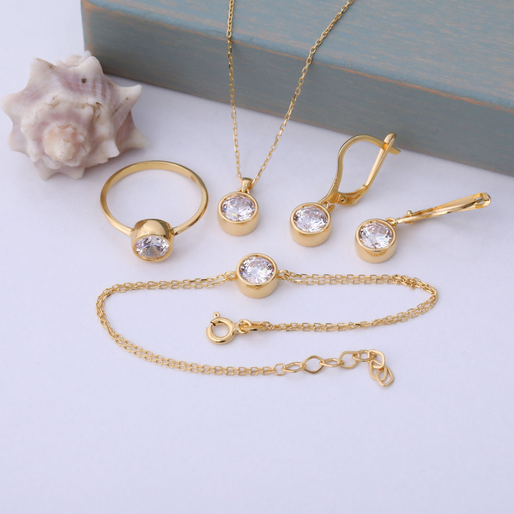 Round White Topaz Bezel Dangle Earrings in 14K Solid Gold | April Birthstone Queen Jewelry Earrings